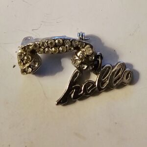 Small Silver Telephone 'Hello' Brooch with Rhinestones